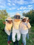 Three beekeepers in a field