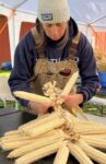 person in overalls braiding white corn